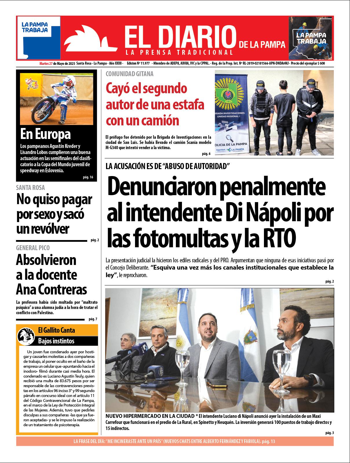Tapa de El Diario en papel  martes 27 de mayo de 2025